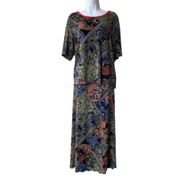 NICOLE MARIE Paisley Slinky Skirt Set XL Multicolor Short Sleeve Relaxed Outfit - Picture 1 of 6